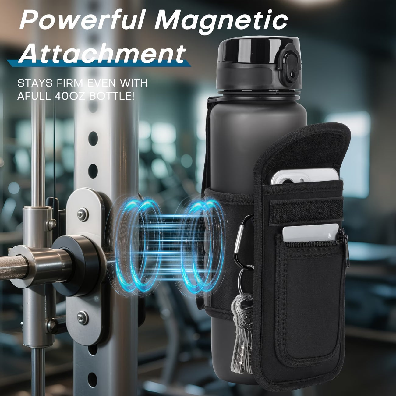 Magnetic Gym Water Bottle Sleeve (w/ Phone & Key Pocket)