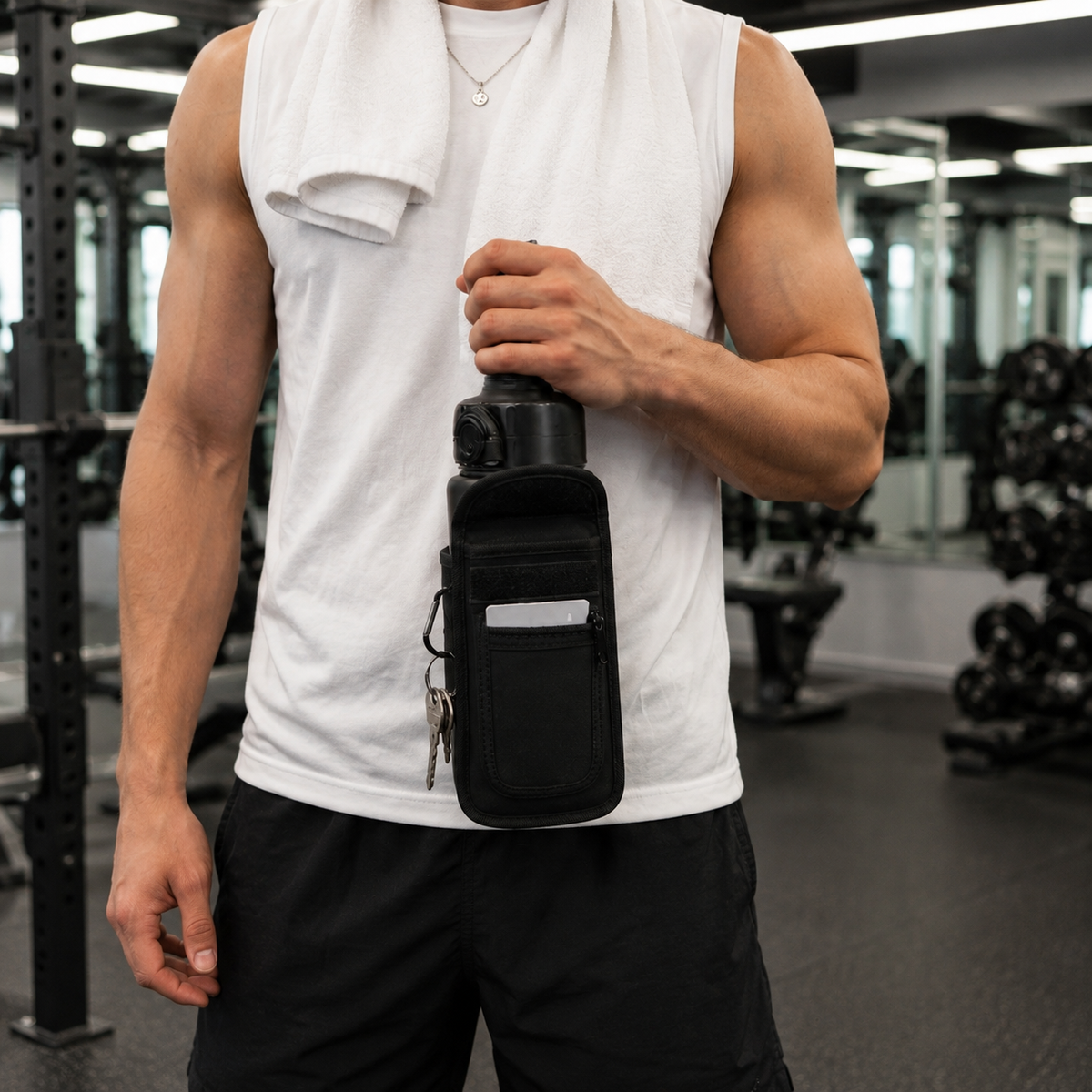 Magnetic Gym Water Bottle Sleeve (w/ Phone & Key Pocket)